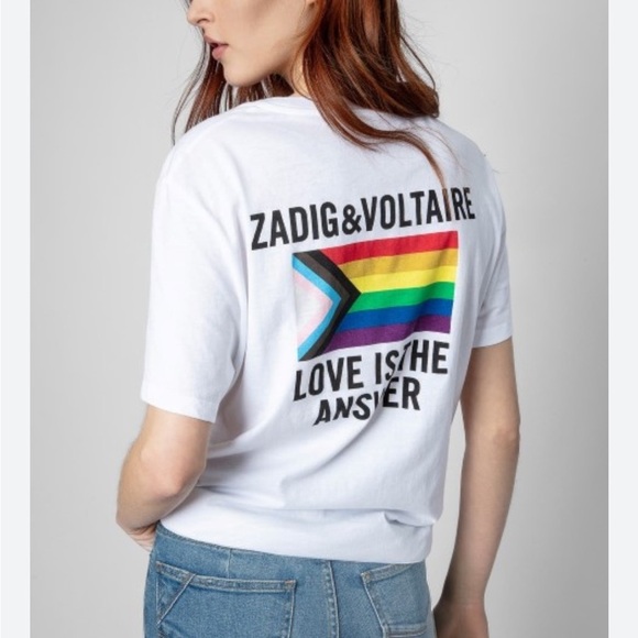 Zadig and Voltaire Tshirt Tommy Amour Wings Flag White Rainbow Round Neck Sz L - Picture 1 of 12